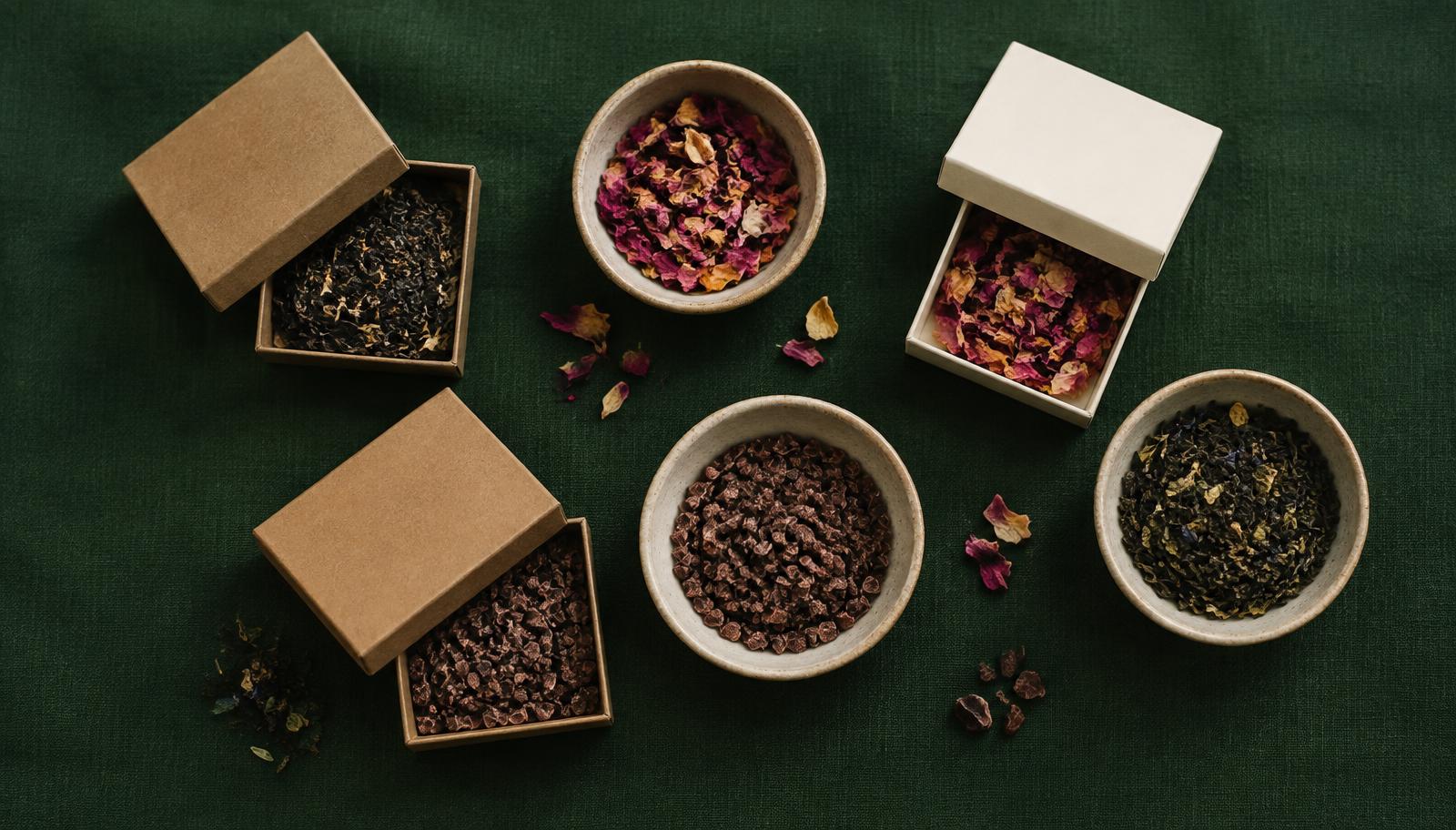 Small open boxes and ceramic bowls with dried leaves and petals on green linen