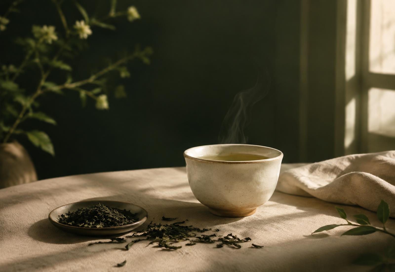A cream ceramic cup of tea with rising steam beside loose tea leaves on linen